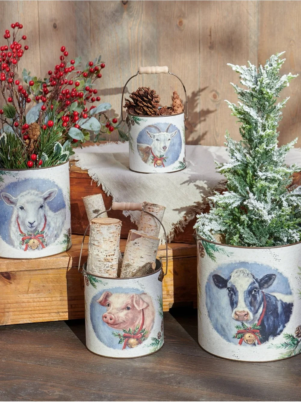 Primitives by Kathy Festive Farm Christmas Bucket Set of 4